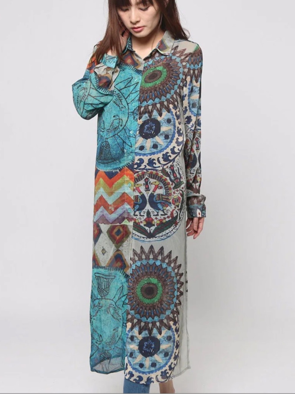Desigual Turquoise multi long sleeve sheer tunic shirtdress